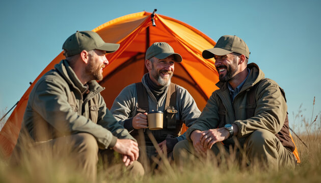Three male hunters in outdoor gear laugh, drink hot coffee outside bright orange tent. Friends enjoy sunny morning break, bond at remote campsite in green nature. Relax together during hunting trip