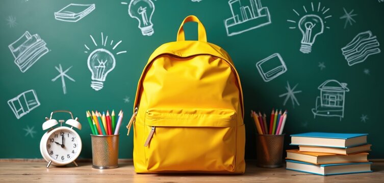 Yellow backpack sits on wooden table near alarm clock and pencils. Chalkboard displays drawings of books, light bulbs, and schoolhouse. Stacked books rest on right side. Back to school concept.
