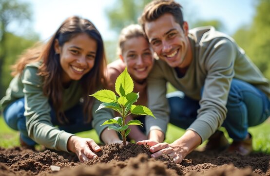 Three people smile while planting a small green sapling in fertile dark soil. Diverse group works together in park, nurturing new life, promoting eco friendly growth. Future plant in garden.