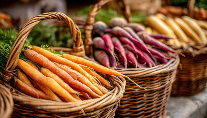 Close medium shot of artisanal baskets brimming with vibrant root vegetables sharp detail on carrots contrasted with gently blurred background for depth
