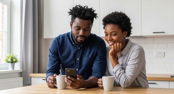 Young black couple smiling while using a smartphone at home  