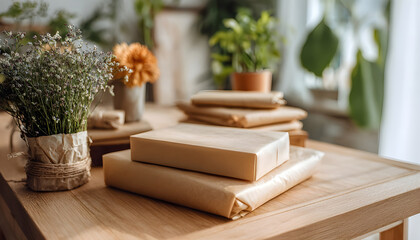 Closeup medium shot of plantbased packaging materials displayed on table emphasizing sustainable and compostable wrapping with softened surroundings