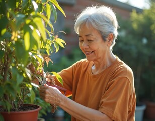 Asian senior woman trims dry leaves from potted plant outdoors. Holds scissors, carefully prunes plant. Happy elderly lady takes care of plants in garden. Green leaves, terracotta pot visible.
