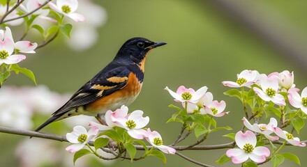 Fototapeta premium Bird perched on a flowering dogwood branch outside