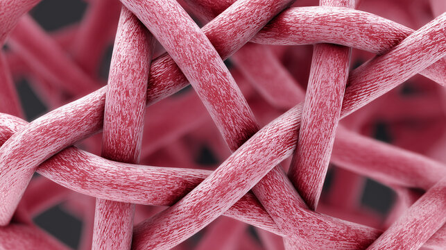 An abstract microscopic view of red polymer chains cross-linked to create a strong new material, a synergy metaphor.