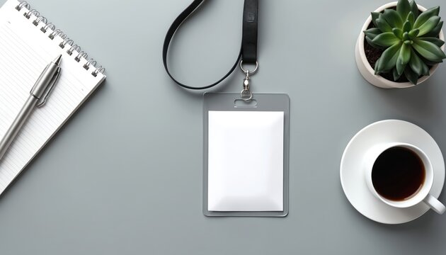 Office desk with blank ID badge notepad pen and coffee cup. Items ready for morning work meeting or corporate event. Supplies for daily office tasks.