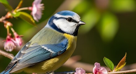 Obraz premium Blue tit perched on a branch with pink blossoms