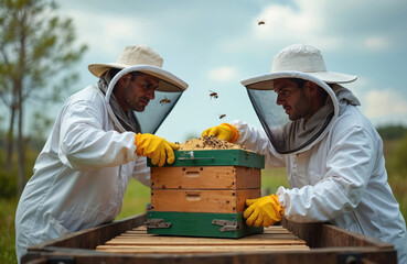 Two beekeepers in protective suits and yellow gloves handle honeycombs with bees. Men work together at an apiary collecting honey from a hive. They place wooden crates on a truck for transport.