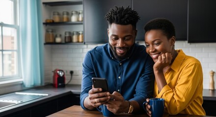 Young Black couple smiling together while using smartphone in kitchen