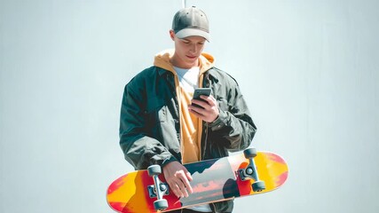 A fashionable male skater in a hoodie and cap looks at his phone while holding a skateboard, embodying modern street style. The image captures a relaxed, contemporary urban vibe