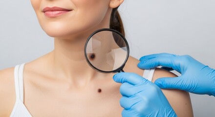 Medical professional examining woman's skin lesion with magnifying glass
