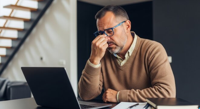 Middle-aged man feeling stressed while working on laptop at home  