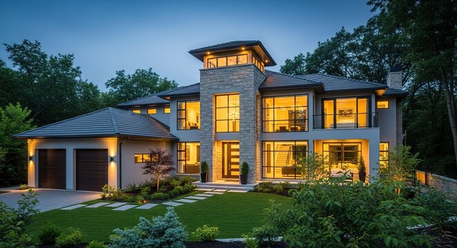 Modern Luxury Home Exterior at Dusk house architecture residenti