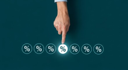 Hand pointing at highlighted percentage symbol on dark background  