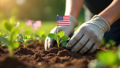 Fototapeta premium Gardener plants seedling with American flag in fertile soil. Hands in gloves nurture green plant. Outdoor hobby cultivation, patriotism symbols, summer day. Growth, nature care.