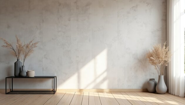 Light color wall interior empty room background for online presentations. Simple room with wooden floor and large window with white curtain. Grey vases with dry plants on black table and floor.