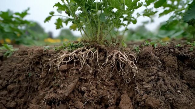 Medium shot of roots entwined with mycorrhizal fungi showcasing symbiotic relationship that increases nutrient absorption and supports sustainable farming.