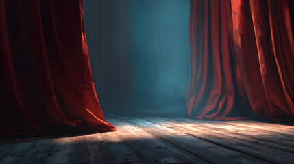 Curtain Call: A theater stage bathed in a spotlight, with dramatic red curtains framing the emptiness, and evoking anticipation and mystery.