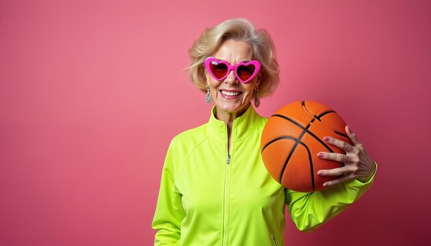 Smiling senior woman wears bright green tracksuit and heart sunglasses, holding basketball. She poses confidently against a pink backdrop with vibrant energetic style.