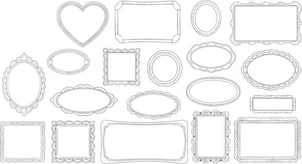 Vintage decorative blank frames set in various shapes including heart, square, oval and rectangle borders for design - flat vector illustration