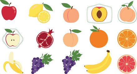 Colorful assorted fresh fruit icons including apple, banana, orange, peach, lemon, grapes and pomegranate for healthy food themes - flat vector illustration