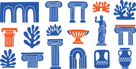 Classical Greek and Roman icon set, columns, statues, vases, architecture motifs, bold blue and orange vector illustration design