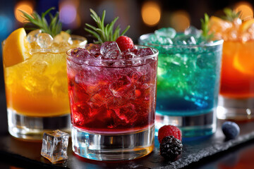 Colorful cocktails with ice and fruit garnishes