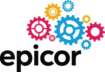 Colorful gears and cogwheels arranged above bold modern text symbolizing teamwork, workflow, technology and productivity concepts - flat vector illustration