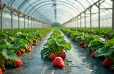 Rows of ripe red strawberries grow in a plastic mulch covered greenhouse tunnel. Plants are cultivated using modern farming tech for efficient food production.