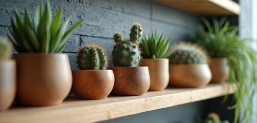 Various small green succulents and cacti grow in different natural wooden pots. Plants are neatly arranged on light wood shelf against dark wall. This creates natural, cozy indoor home decor element.