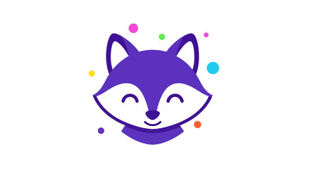 Stylized blue fox head illustration with colorful floating dots on white