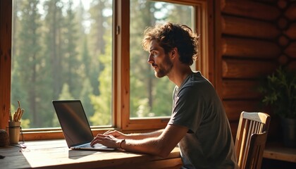 Young man works with laptop inside rustic log cabin. Sits by large window, overlooking rich green forest view. Remote worker enjoys serene nature telecommuting, focused keenly. Digital nomad