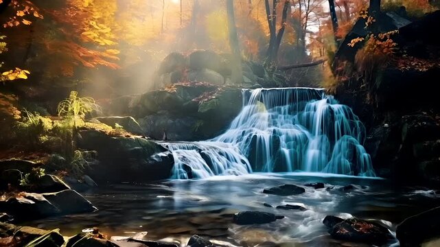 A vivid autumnal forest scene with a waterfall and sunlight filtering through the trees.