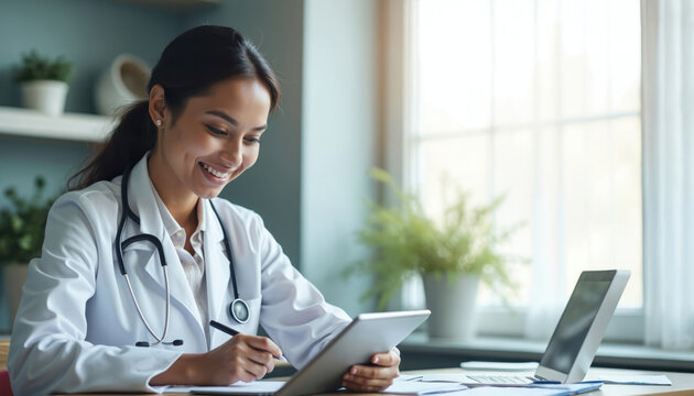 Smiling young Indian doctor woman works on digital tablet, stylus in hand. Uses modern tech for health care, reviewing patient data. Medical specialist provides online consultation, telehealth