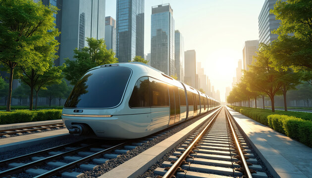 Modern white train travels on rail tracks through green city with tall buildings. Future transport system with trees and sunlit skyscrapers. Eco friendly urban commute.