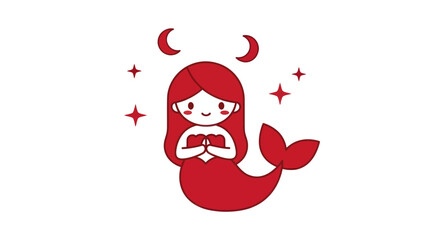 Stylized red mermaid illustration with stars and moons on a white background
