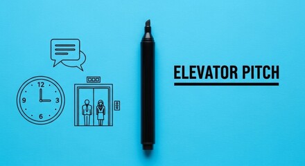 Elevator pitch concept with clock and elevator illustration on blue  