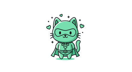 Superhero cat cartoon illustration green hero with cape and mask