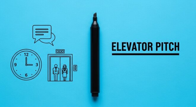 Elevator pitch concept with clock and elevator illustration on blue  