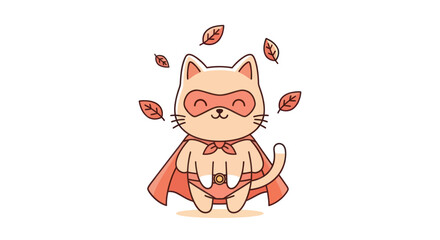 Superhero cat cartoon illustration with red cape and mask isolated