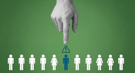 Hand selecting person from group on green background with warning icon  