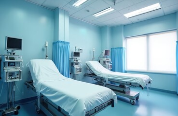 Modern hospital operating room with empty beds, medical equipment. Two patient beds sit ready for use next to vital sign monitors. Clean blue walls, bright ceiling lights create sterile environment.
