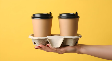 Woman's hand holding two disposable takeaway coffee paper cups in a holder, ready for delivery or service, isolated on a vibrant yellow background with ample copy space.