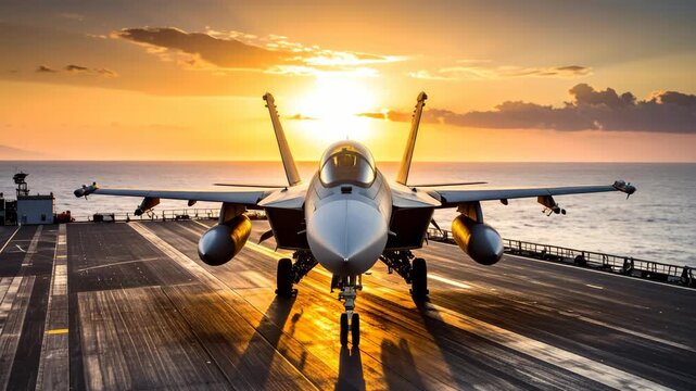 Fighter jet on a carrier deck at sunset over ocean, with sunlight reflecting on the runway, preparing for takeoff.