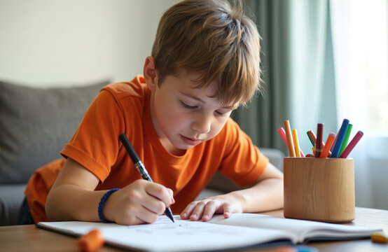 Boy with special needs draws in sketchbook indoors. Child focuses on art project with colorful pens and markers, developing creativity and learning.
