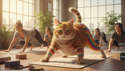 A playful cat in colorful workout gear demonstrates yoga poses in a bright studio. Surrounding students follow along, enjoying a lighthearted and fun fitness session on a sunny morning