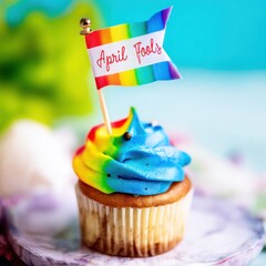 Colorful cupcake with a rainbow flag for april fools day celebration