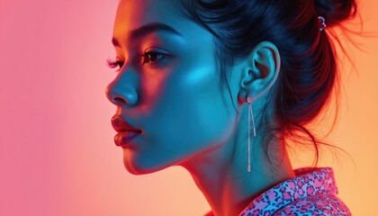 Obraz premium Close up profile portrait of young asian woman with makeup in neon lights. Woman wears long dangling earrings. Stylish female portrait with vibrant color splash, beauty concept, fashion glow.
