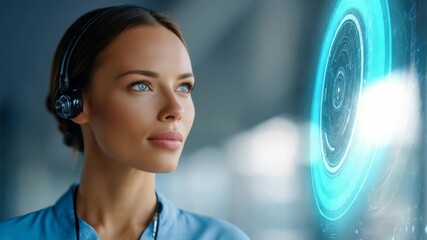 A businesswoman wearing a headset gazes at a holographic interface, representing digital transformation and tech driven communication. The scene conveys innovation and future workplace trends - Powered by Adobe