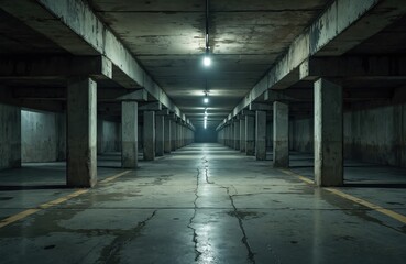 Dimly lit concrete parking garage interior with rows of columns disappearing into darkness. The wet floor reflects faint light from overhead lamps, showing cracks and yellow painted lines.
